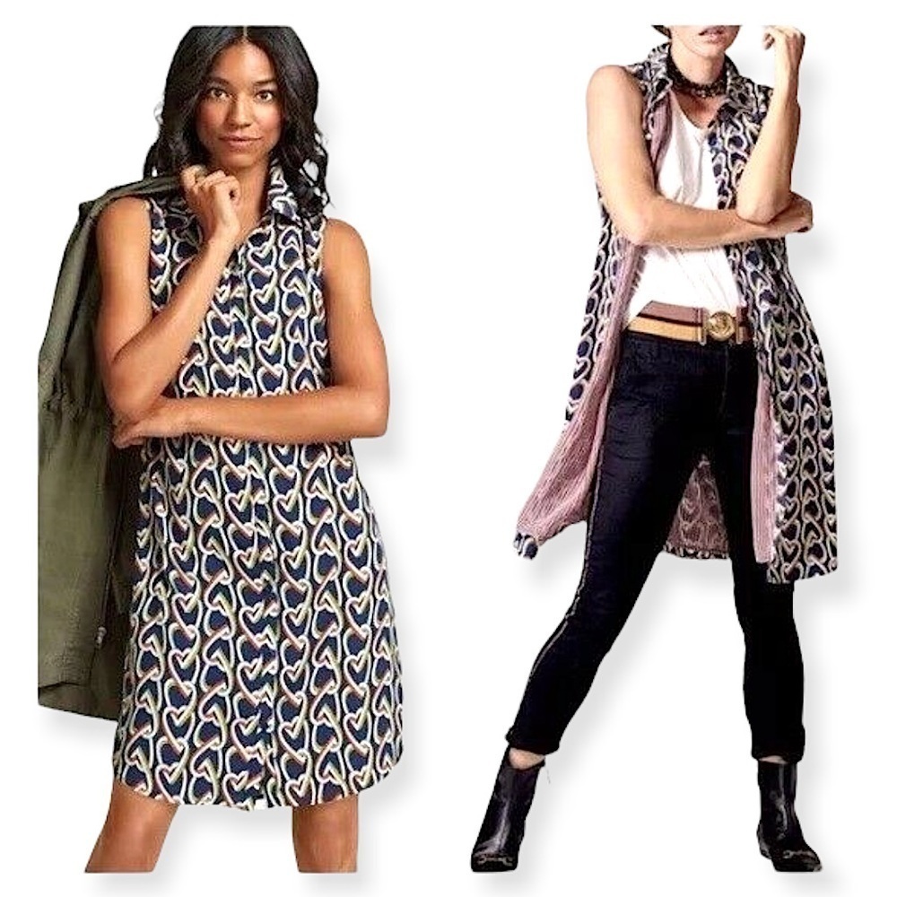 CAbi #5370 Armour Blue Heart Chain Print Sleeveless Shirtdress Size Small